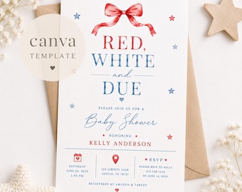 Rood wit en due baby shower uitnodiging sjabloon, patriottische 4 juli baby shower uitnodiging, bewerkbare canvas sjabloon, zomer baby