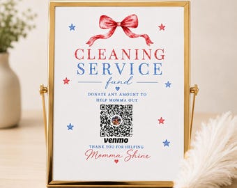 Schoonmaakfondsbord voor babyshower | Venmo QR-bord in wording | Cadeaubord geld babyshower | Schoonmaakfonds Aanpasbaar Afdrukbaar