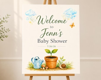 Kleine spruit babyshower welkomstbord, tuin babyshower welkomstposter, spruit babyshower decor, aangepast botanische babyshower bord