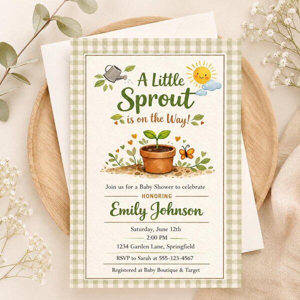 May include: A baby shower invitation with a green gingham border. The invitation features the text "A Little Sprout is on the Way!" with a graphic of a potted plant, sun, and butterfly. The invitation is for Emily Johnson.