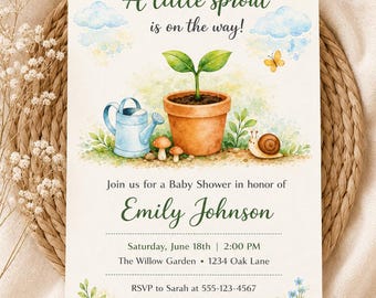 Canva-sjabloon voor babyshower met kleine spruit | Botanische genderneutrale babyshoweruitnodiging