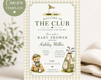 Welkom bij de club sjabloon uitnodiging babyshower, golf babyshower uitnodiging, babyshower kleine golfer, bewerkbare canvassjabloon