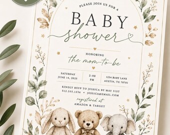 Gender Neutral Baby Shower Invitation, Teddy Bear Bunny Elephant Invite, Physical or Digital, Customized Baby Shower Invitation