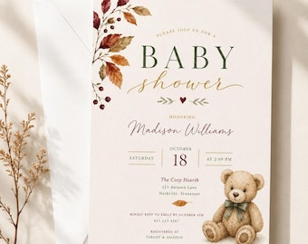 Fall Teddy Bear Baby Shower Invitation, Custom Baby Shower Invite, Printed or Digital Invitation, Autumn Baby Shower