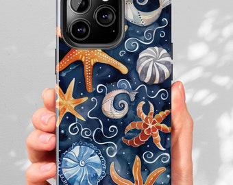 May include: A blue phone case with a watercolor design of seashells, starfish, and sea life. The case has a cutout for the camera lens.