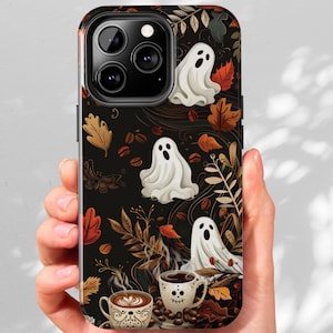 Cute iPhone Case Embroidery Look Ghosts Coffee Lovers Gift iPhone 11 12 13 14 15 16 Pro Max New Case Fall Aesthetic Botanical Autumn Leaves