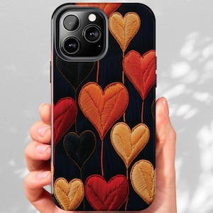 Embroidery Look iPhone Case Cute Hearts iPhone 11 12 13 14 15 16 Pro Max Cellphone Cover Gift for Mom Sewing Lovers Gift Knitting iPhone Pro