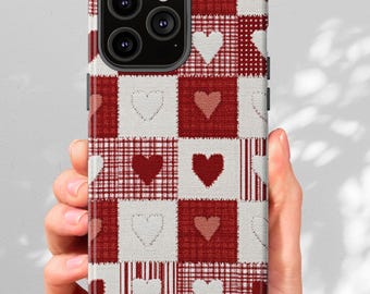 Hearts iPhone Case Patchwork Quilt Aesthetic iPhone 11 12 13 14 15 16 17 Pro Max Girly Cellphone Cover Gift Samsung Grandmacore Phone Hearts