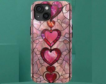 Stained Glass iPhone Case Pink Mosaic Look Samsung Phone Case Cute Hearts Pattern Cute Cellphone Gift for Mom iPhone 11 12 13 14 15 Pro Max