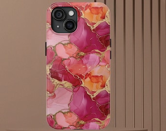 May include: A pink and gold floral phone case with a camera cutout. The case has a marbleized design with pink, red, and gold accents.
