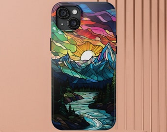 Mosaic Cellphone Case for Hikers Tough iPhone 11 12 13 14 15 Case for Camping Lover Sunset Colorful iPhone Pro Max Mini 14 Plus Case for Him