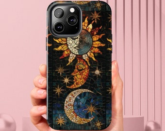 iPhone Cover Stained Glass iPhone Case Waves Sun Moon Mom Gift Celestial Phone Case for Her Gift for iPhone Users Cute Phone Protector Tough