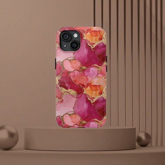 Pink Marble Floral iPhone Case: Gold Glitter Tough Phone Cover