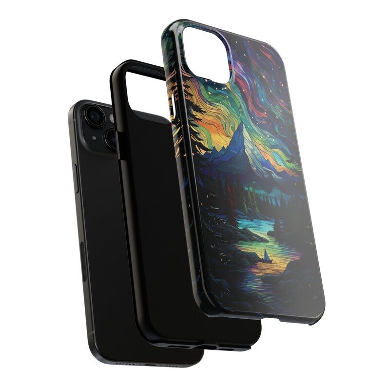 May include: A black phone case with a colorful abstract design of a mountain range and a starry sky. The design features a lake with a small boat in the foreground.