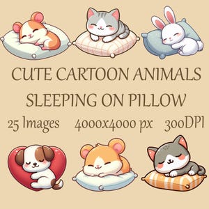 25 Cute cartoon animals sleeping on pillow