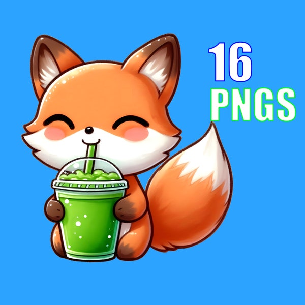 Kawaii fox drinking smoothie clipart 16 Images Pack