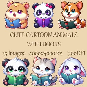 25 cute cartoon animals reading book Clipart