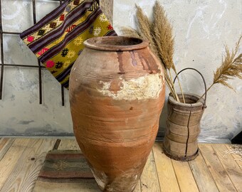 Antieke Turkse terracotta vaas - Vintage aardewerk kleipot, geglazuurde antieke vaas