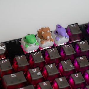 Può includere: Tre tasti a forma di dinosauro colorati su una tastiera rosa e nera. I tasti sono in plastica e hanno un design 3D. La tastiera ha i tasti 1!, 2", 3§, 4$, 5%, Q, W, E, R, A, S, D, e altri.