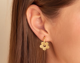 18k Gold Flower Hoop Earrings, Chunky Silver Floral Earrings, Flower Drop Earrings, Minimalist Dangle Earrings, Simple Everyday Earrings