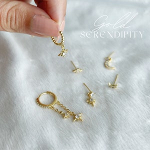 Set di orecchini stella e luna, pila di orecchini celesti per piercing multipli, orecchini pendenti pendenti in oro CZ, orecchini quotidiani in argento scintillante immagine 2