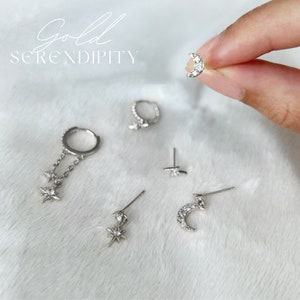 Set di orecchini stella e luna, pila di orecchini celesti per piercing multipli, orecchini pendenti pendenti in oro CZ, orecchini quotidiani in argento scintillante immagine 4