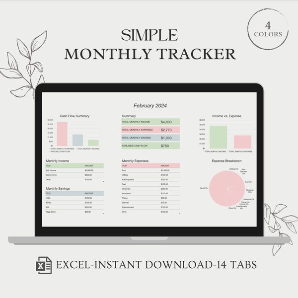 Planificador mensual de seguimiento de finanzas personales de Excel Limpio Simple Fácil