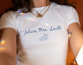 Custom Future Mrs Baby Tee Heart Locket Bachelorette Shirt She Said Yes Gift For Fiancee Newly Engaged Gift Bride Getting Ready Engagement