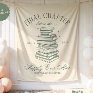 May include: A cream-coloured banner with the text "FINAL CHAPTER before the..." and "Happily Ever After" in a script font. A stack of books is in the centre. The banner is decorated with balloons in shades of white and peach.