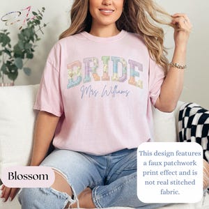Custom Bride Shirt Faux Patchwork Personalized Mrs Name Bridal Shower Gift Spring Bride Wedding Day T Shirts Bride Getting Ready Blossom