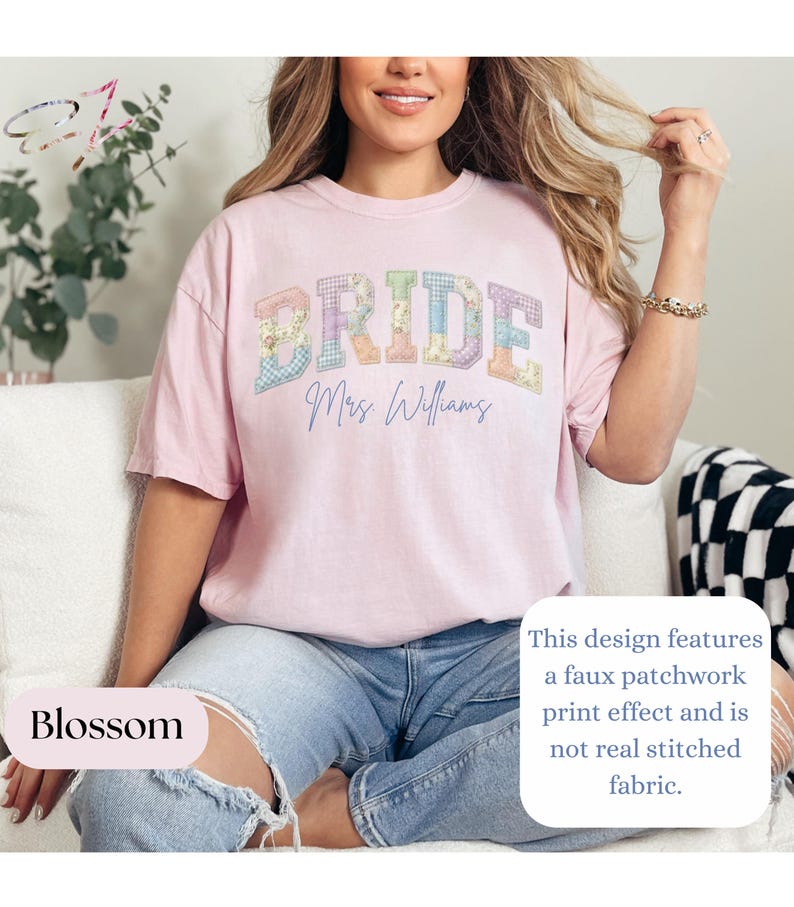 Custom Bride Shirt Faux Patchwork Personalized Mrs Name Bridal Shower Gift Spring Bride Wedding Day T Shirts Bride Getting Ready Blossom