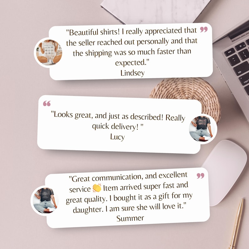 May include: Three customer reviews with positive feedback about a product. The reviews highlight fast shipping, great quality, and excellent communication. The reviews are written in a white box with a pink border and a quotation mark at the beginning and end of each review.