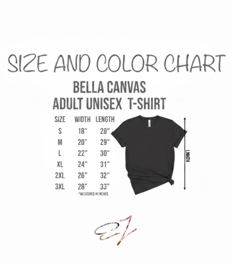 Op de afbeelding: Een Bella Canvas maattabel voor unisex T-shirts voor volwassenen met tekst die de maten S tot 3XL, breedtes van 18 tot 28 inch en lengtes van 28 tot 33 inch weergeeft. Een zwart T-shirt met een verticale pijl voor de lengte.