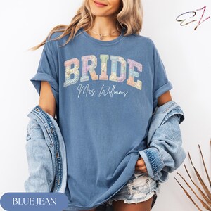 Custom Bride Shirt Faux Patchwork Personalized Mrs Name Bridal Shower Gift Spring Bride Wedding Day T Shirts Bride Getting Ready Blue Jean