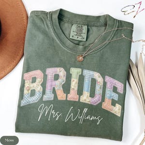 Custom Bride Shirt Faux Patchwork Personalized Mrs Name Bridal Shower Gift Spring Bride Wedding Day T Shirts Bride Getting Ready Moss