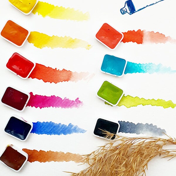 ISARO- Aquarelles Extra-fines coulées en 1/4 de godets- Set de 10 couleurs - Extra-fine watercolors poured in 1/4 pans - Set of 10 colors