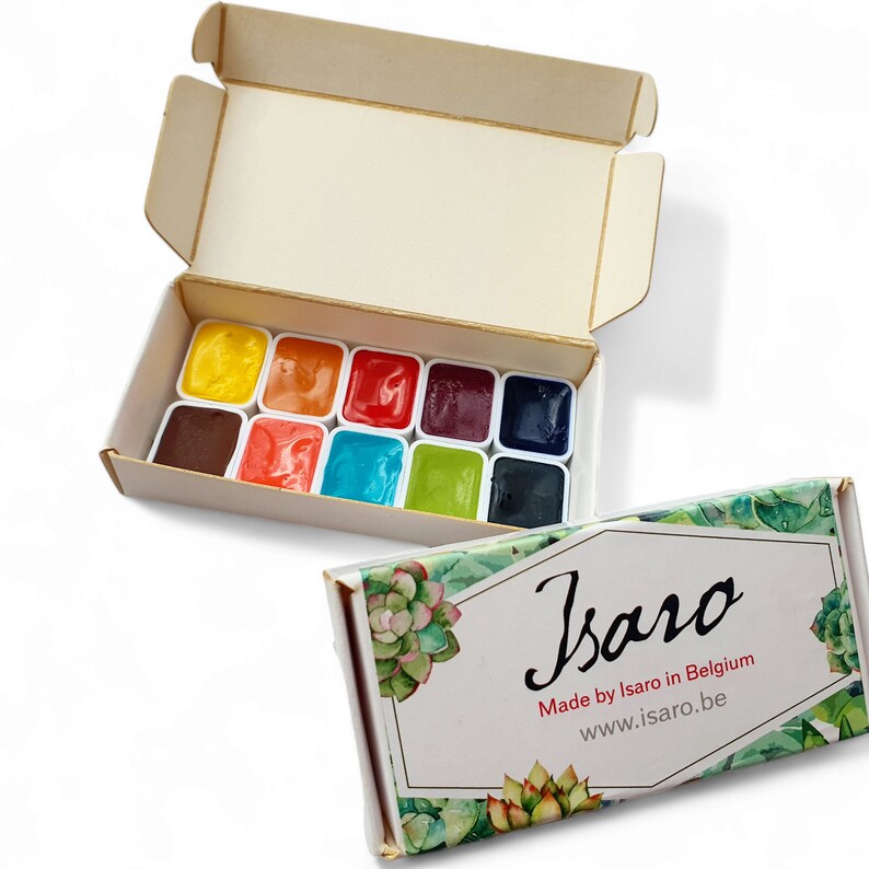 ISARO Aquarelles Extra-fines coulées en 1/4 de godets Set de 10 couleurs Extra-fine watercolors poured in 1/4 pans Set of 10 colors image 2