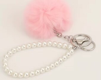 Plush Pom Pom Faux Pearl Wristlet Phone Lanyard Strap Cord