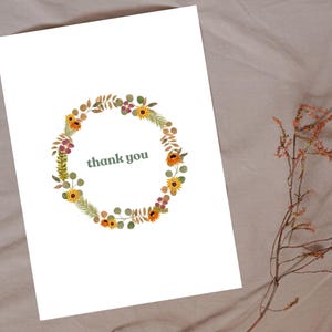 Tarjeta de felicitación imprimible con diseño de corona de otoño en acuarela, para agradecer, descarga digital, para cualquier ocasión, otoño, interior en blanco, arte imprimible