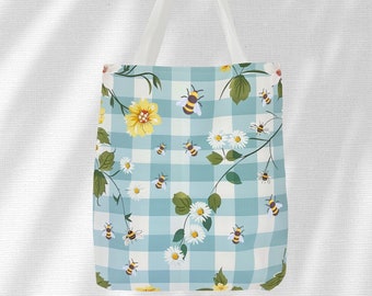 Gingham tote, bijen pastel tote tas, lichtblauwe gingham tote, bijen tote tas