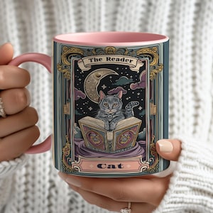 Tasse de carte de tarot de chat lunatique, tasse livresque de sorcière