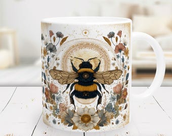 Botanical Bee Coffee Mug, Whimsical Ceramic Mug (11 oz)