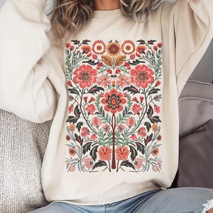 Artistic floral folkore sweatshirt, aesthetic vintage botanical sweatshirt