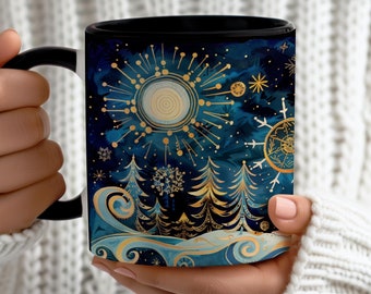 Celestial festive christmas forest mug, fairy whimsical snowy winter night mug