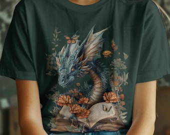 T-shirt floral livre dragon, t-shirt Fantasy livresque