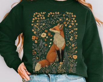 Floral Fox Sweatshirt, Botanical Cottagecore Artistic Design