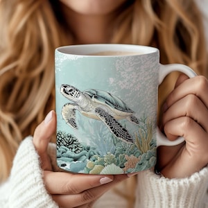 Beautiful mug sea turtle, artistic ocean mug, aesthetic coral reef mug- 11 oz