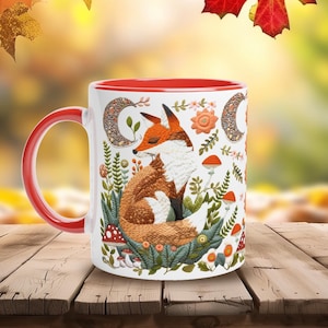 Aesthetic whimsical cute fox ceramic mug, autumn fox coffe mug- 11 oz