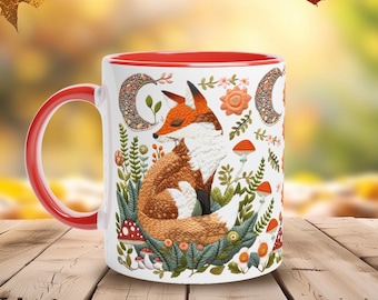 Aesthetic whimsical cute fox ceramic mug, autumn fox coffe mug