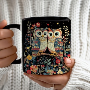 Beautiful artistic floral owl mug, colorful botanical owl ceramic mug